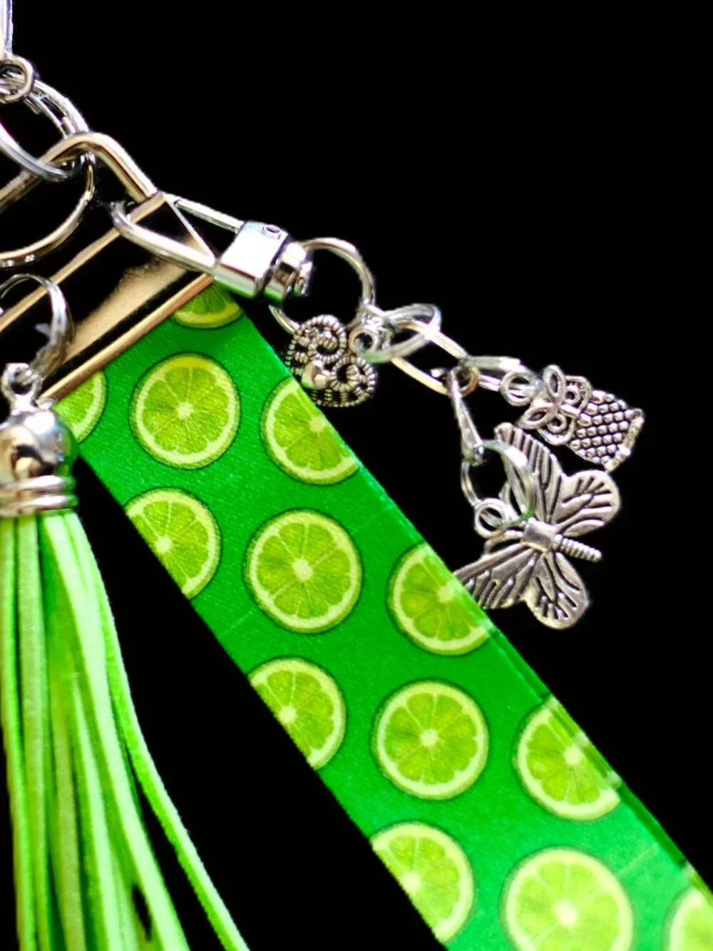 Handmade Lanyard Wristlet Keychain, charms, bag, key, gift, lime, green, blue
